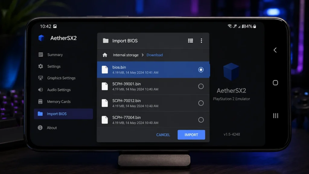Importing a PS2 BIOS file into AetherSX2 on an Android phone