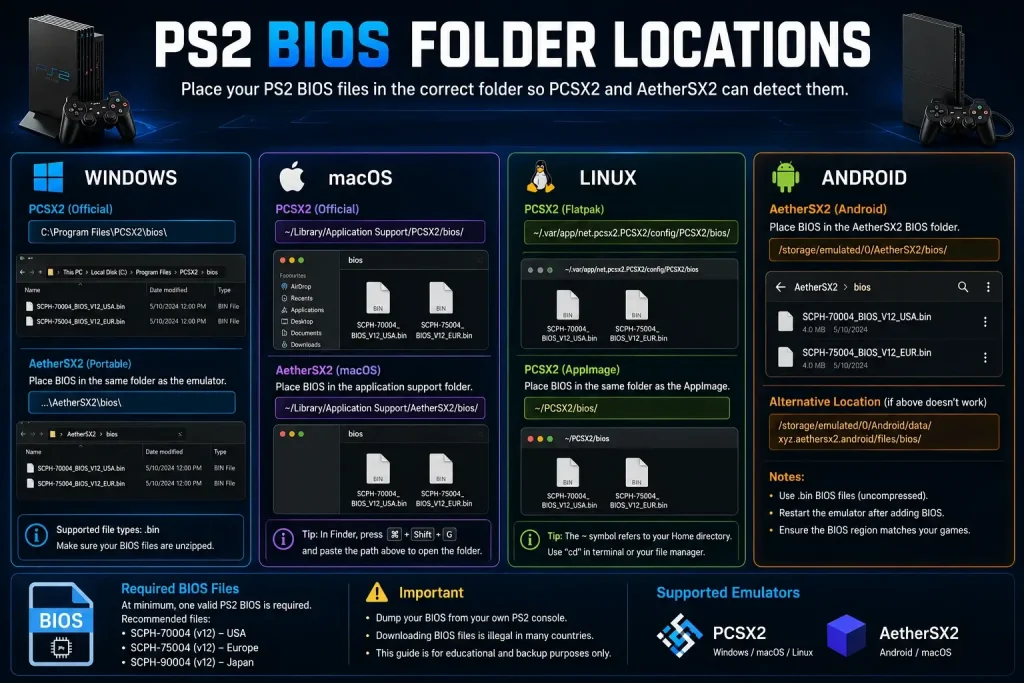 PS2 BIOS folder locations on Windows, Mac, Linux and Android