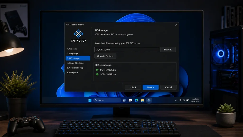 Selecting the PS2 BIOS folder in the PCSX2 setup wizard on Windows
